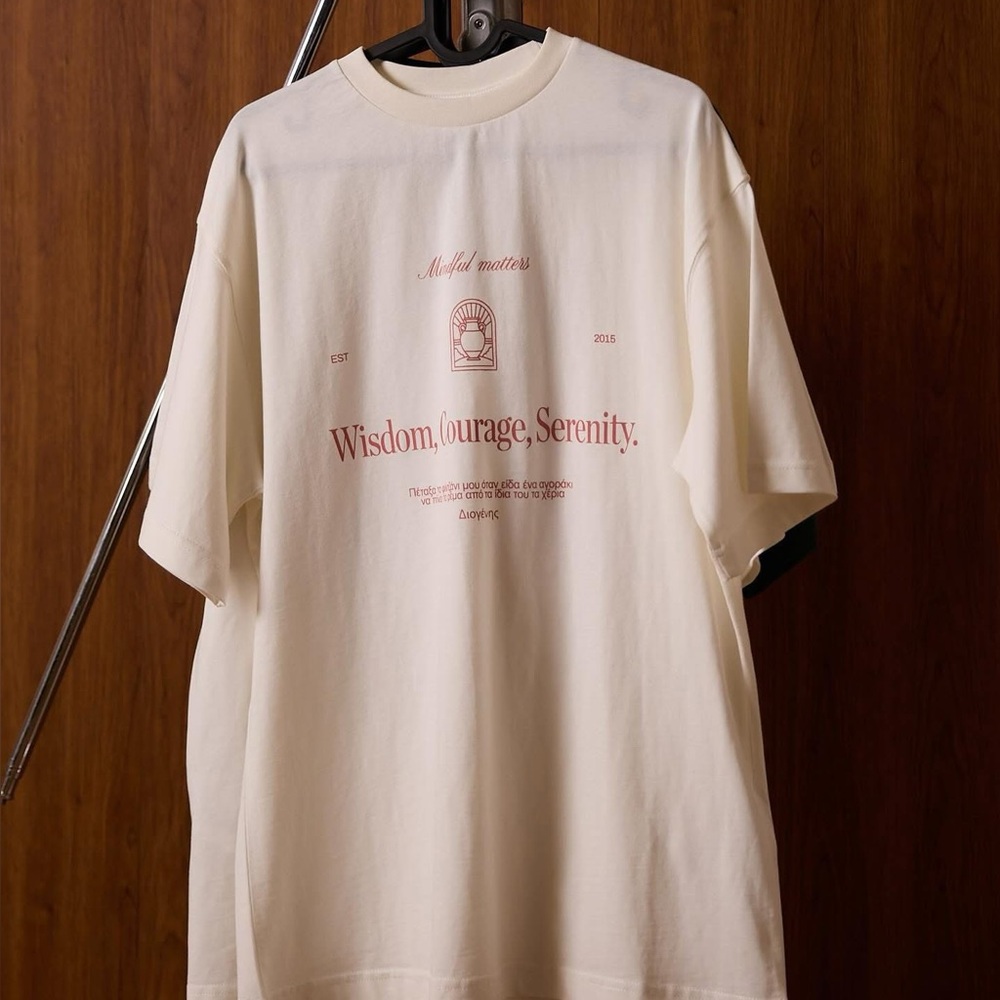 Active After Coffee Wisdom Courage Serenity Cream Tee Shirt - Size Small NEW